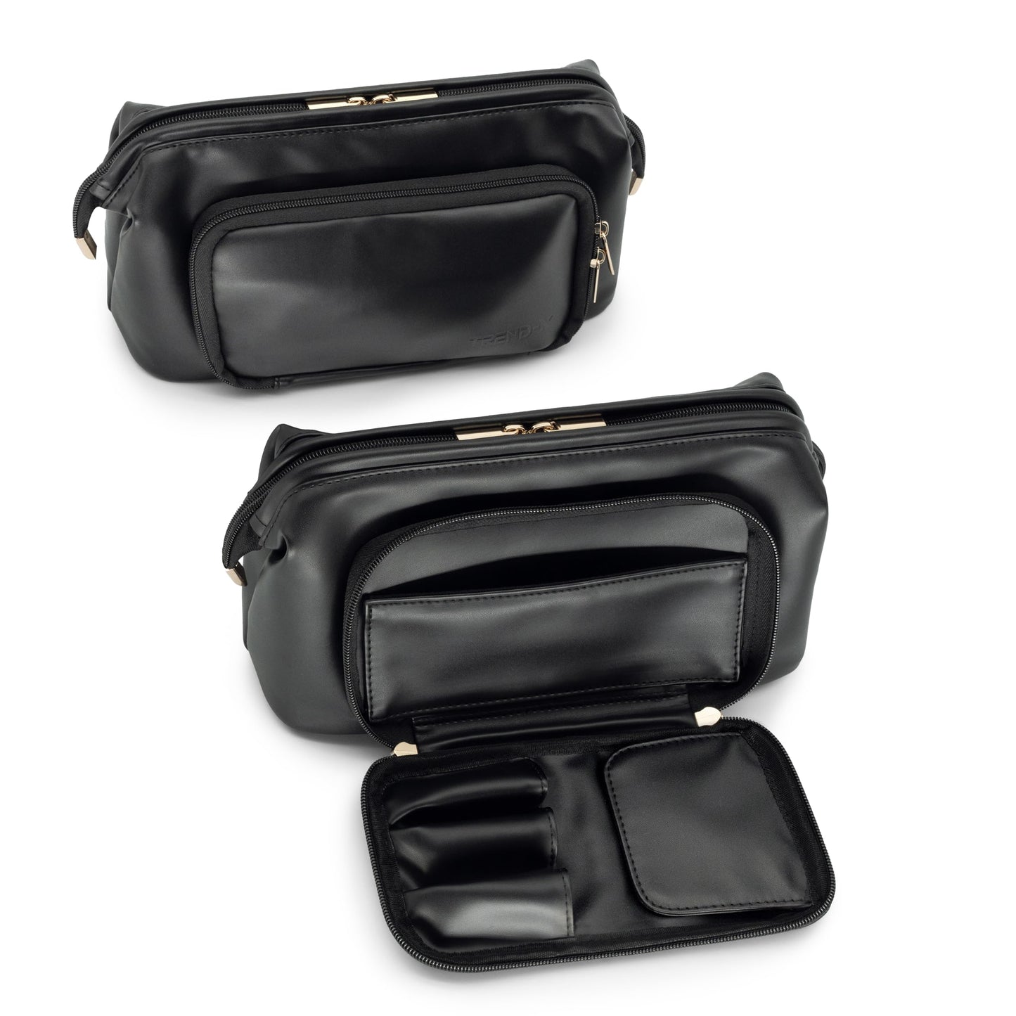 TREND-X PU Leather Makeup Bag with Brush Compartment, Open Flat Travel Cosmetic Organizer for Women, Large Capacity Vanity Makeup Bag
