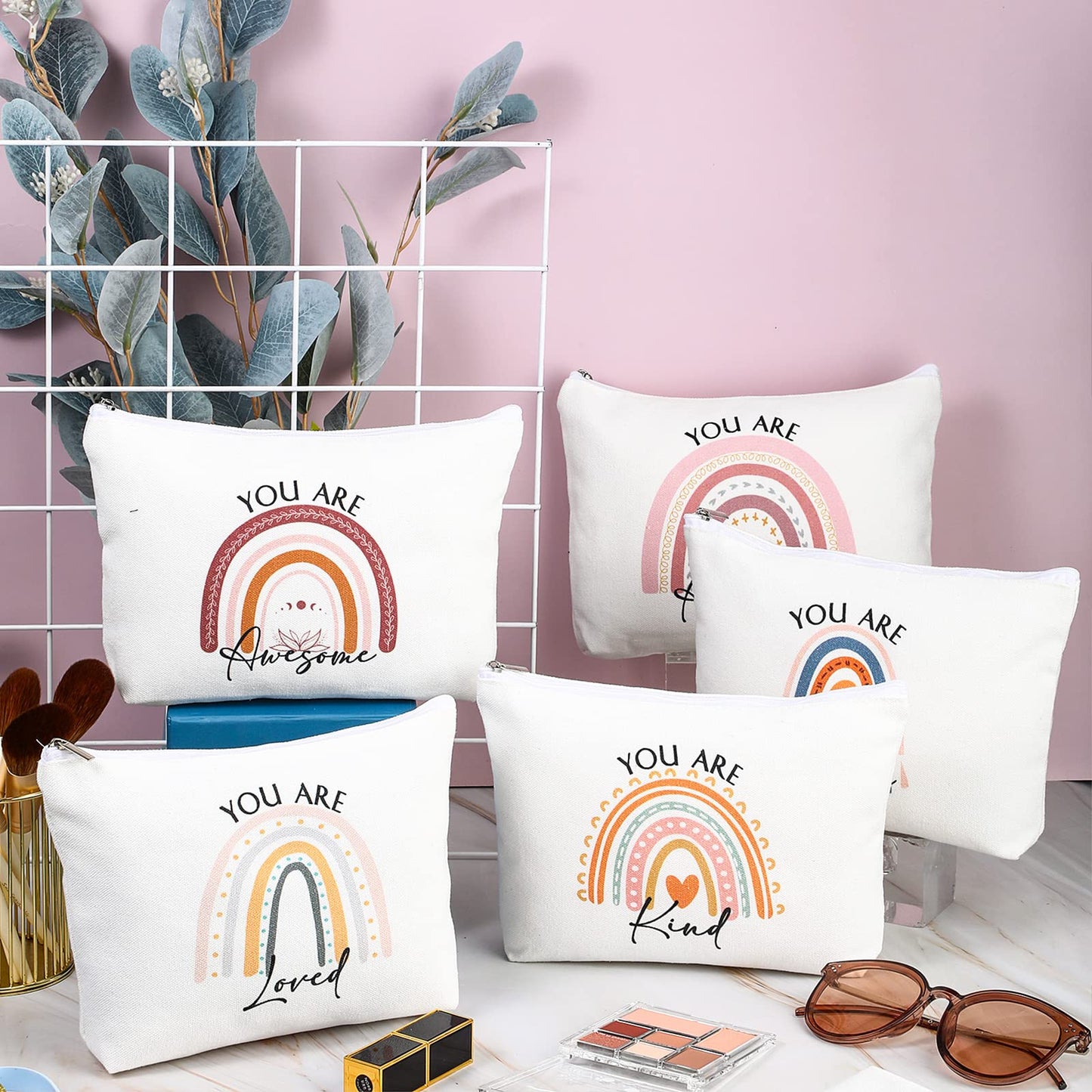 Coume 40 Pcs Teacher Appreciation Gifts Nurses Rainbow Canvas Makeup Bags Bulk Inspirational Quotes Gifts for Women with Zipper for Employee Coworker Staff Group Office