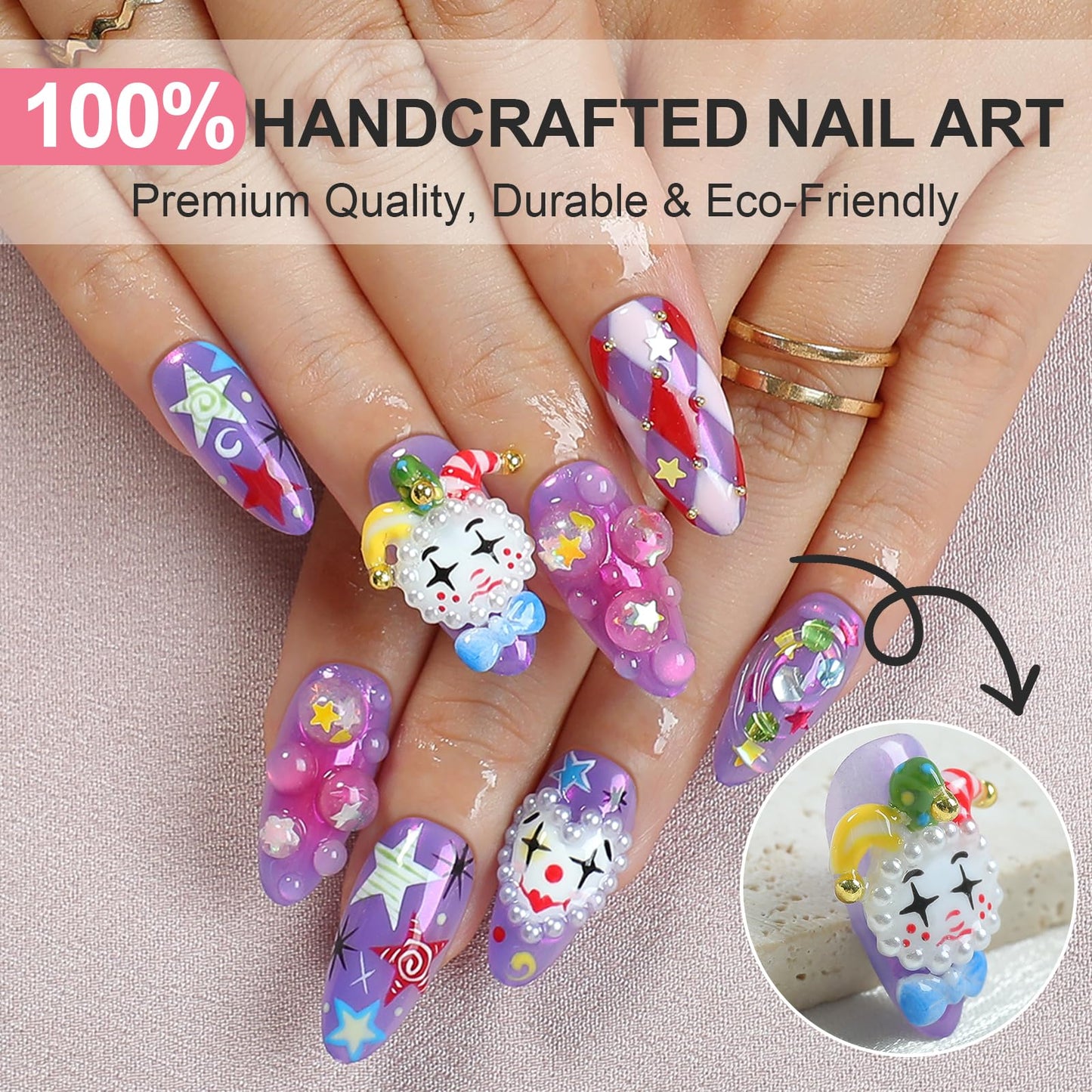 HOMSERA Handmade Press On Nails Almond, French Tips 3D Joker Design Short Fake Nails, Salon-Quality Reusable, 10Pcs Includes Adhesive Pads & Nail File, Special Holiday Gifts