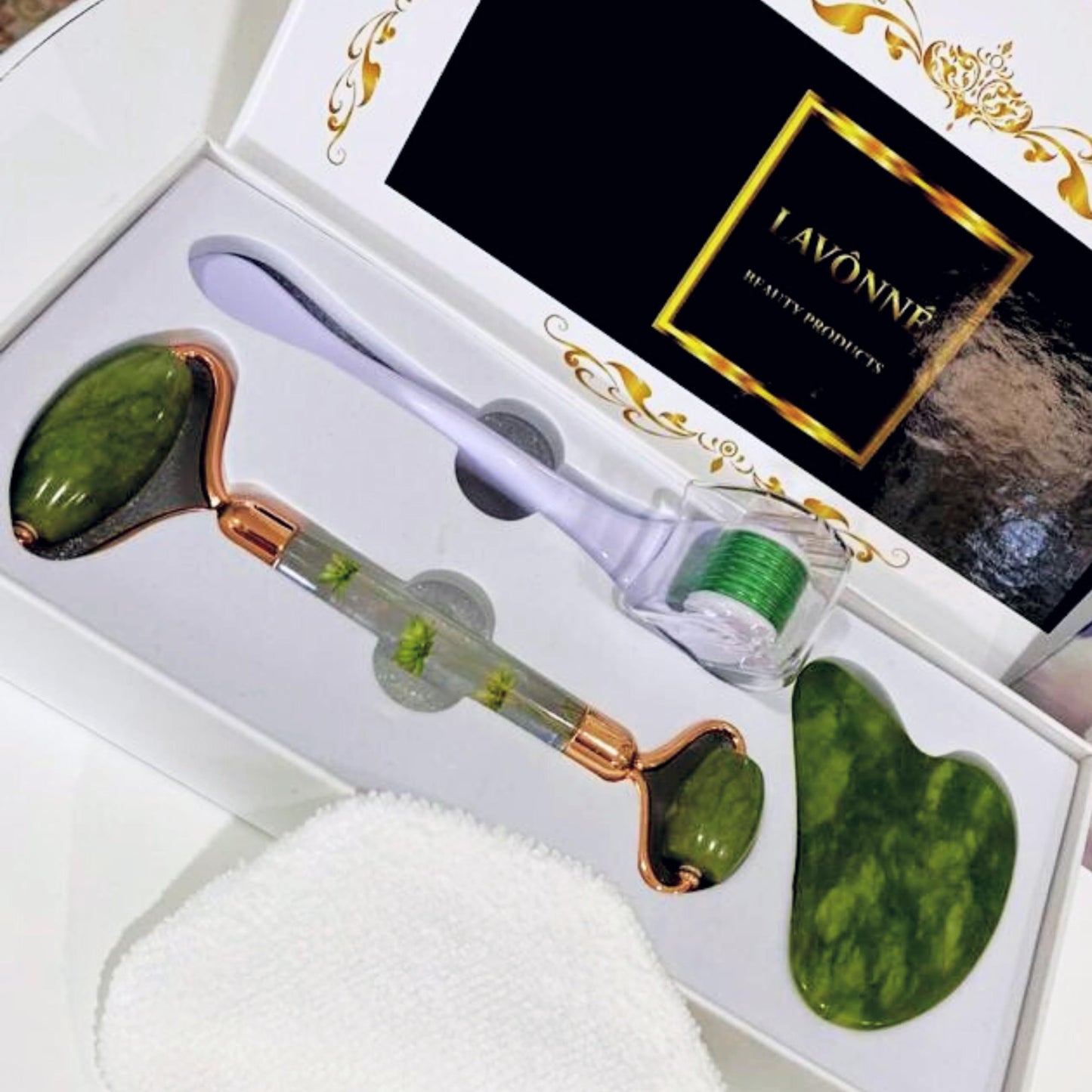 LAVÔNNÉ 100% Authentic Amethyst Jade Roller and Gua Sha Set for face I Micro Needle I Facial Tools I Purple Guasha I Premium Quality I Mother's Day Gift. (4 PCS, Purple)