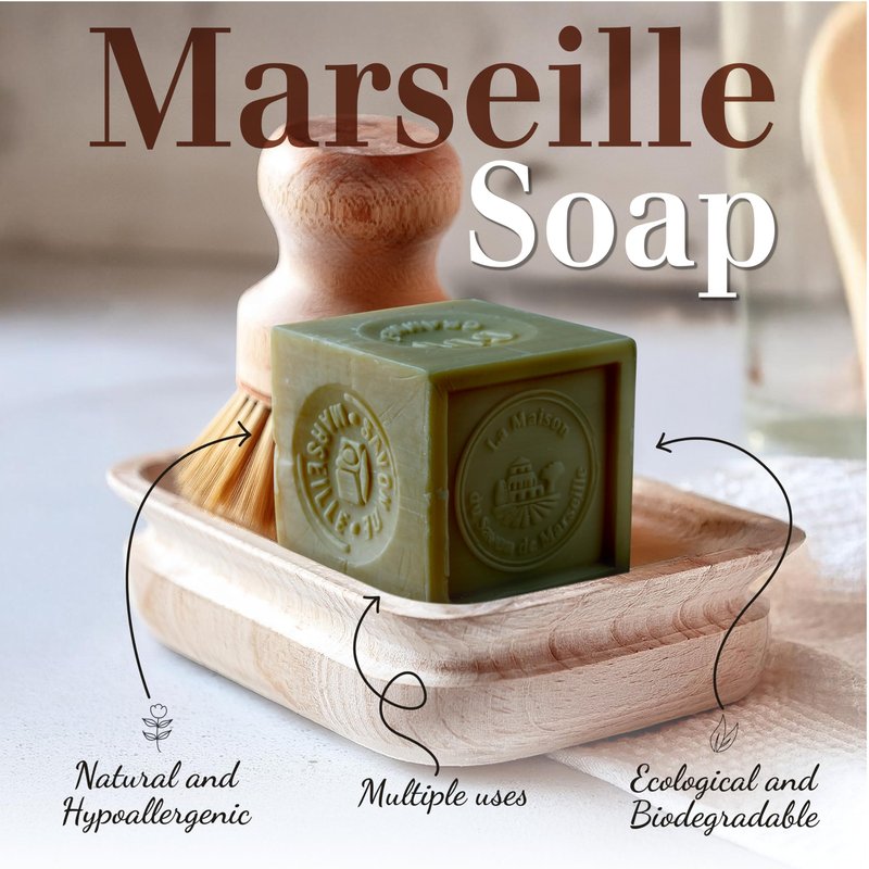 Authentic Savon de Marseille Soap – French Milled Bar Soap with Saponified Olive Oil – Fragrance-Free, 100% Natural Ingredients – For Body, Face, Hands & Home – Cleanser Made in France - 3x10.6 oz