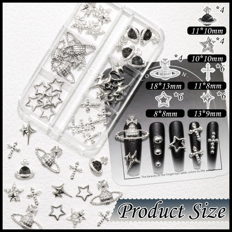 BELICEY 2 Boxes 3D Nail Charms Mix Silver Star Cross Planet Saturn Charms for Nails Silver Flatback Nail Pearls Nail Decoration Gems Pearls for Nails Jewelry for DIY Nail Art Supply Accessories Crafts