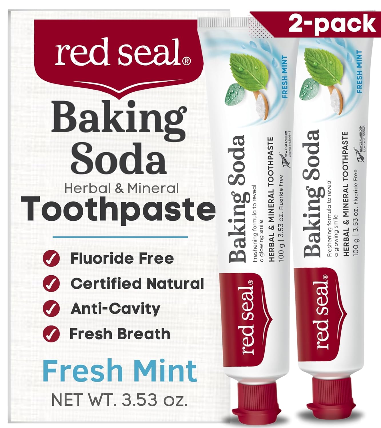 Red Seal Baking Soda Toothpaste - Fluoride-Free Herbal Formula for Dry Mouth Relief | Vegan & Natural (2 Pack)