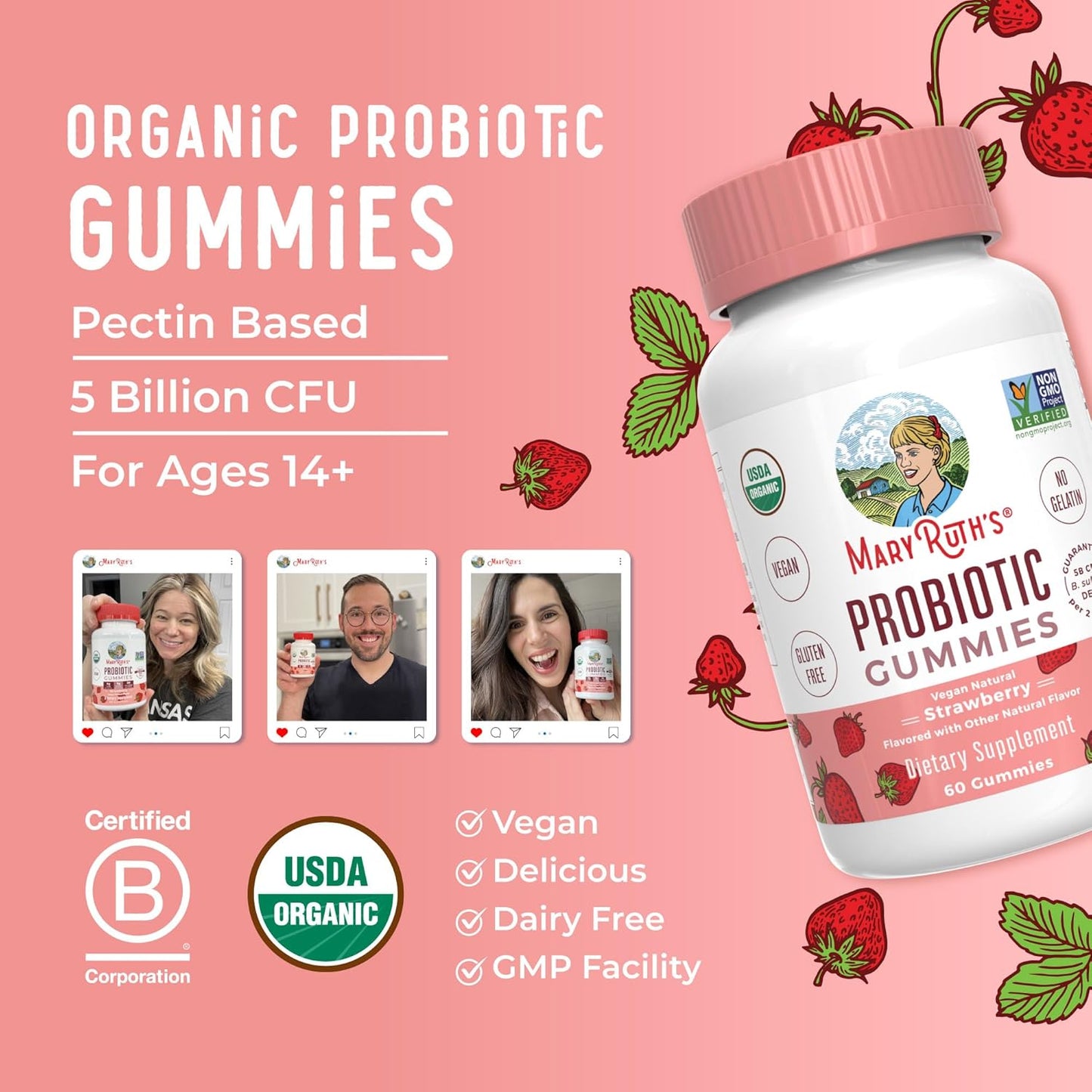 Organic Probiotic Gummies - Digestive & Immune Support Supplement | 5 Billion CFU | Vegan, Non-GMO, Gluten-Free | 60 Count