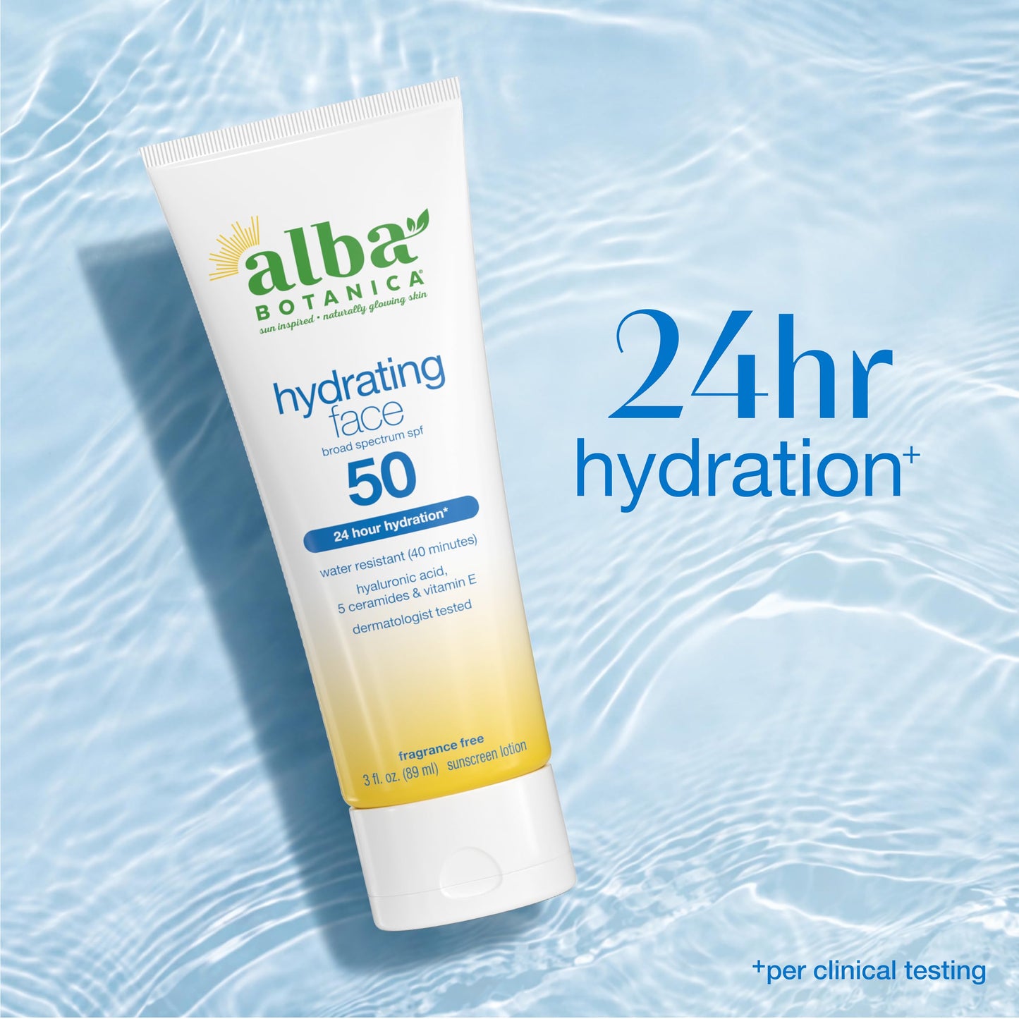 Alba Botanica Hydrating Face Sunscreen Lotion, SPF 50 Broad Spectrum Protection, 24 Hour Hydration, Water Resistant (40 minutes), Fragrance Free, Oxybenzone-Free, 3 Fl. Oz