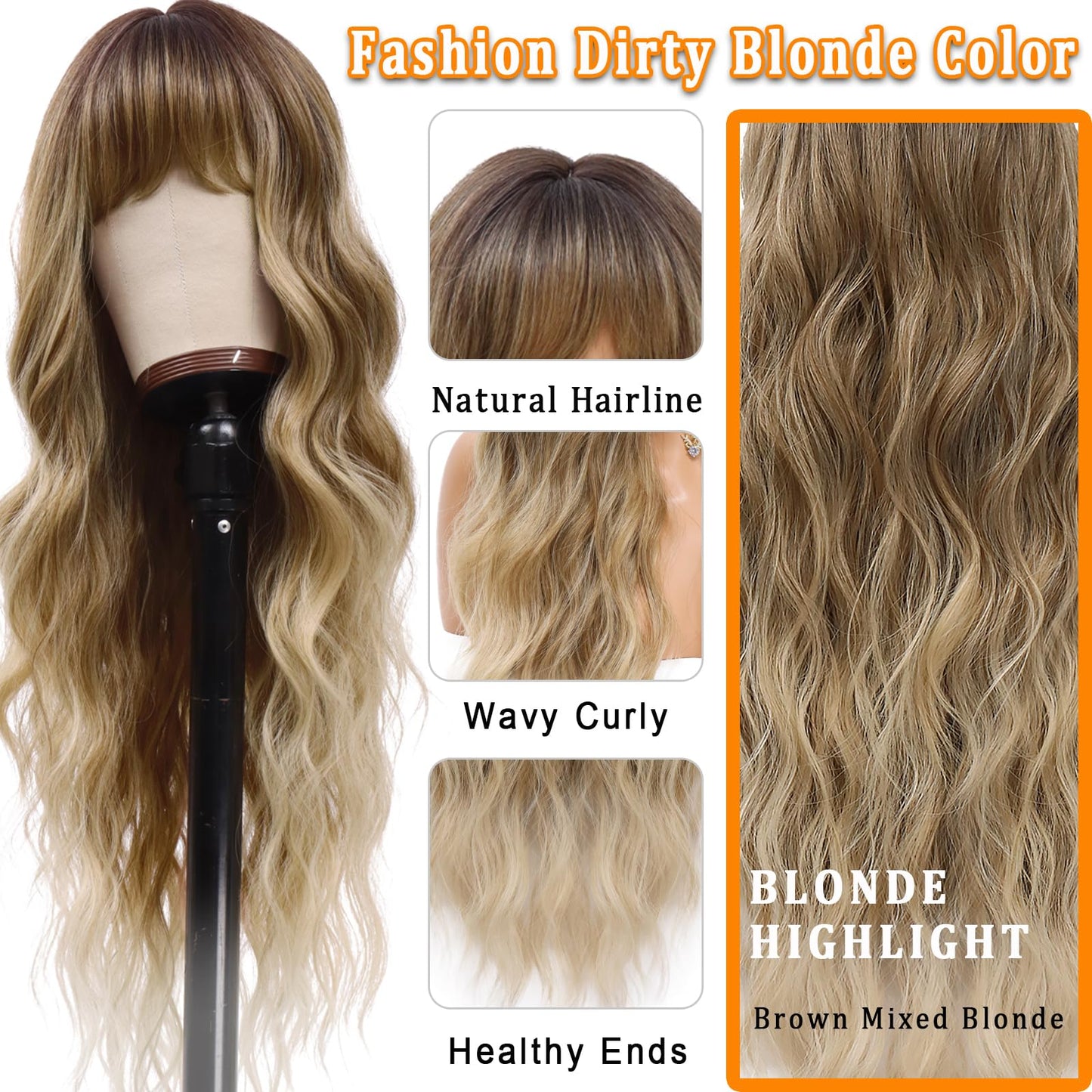 Vomella Dirty Blonde Wig with Bangs 26 Inch Long Curly Wavy Wigs for Women Natural Looking Synthetic Heat Resistant Wig for Daily Party Use