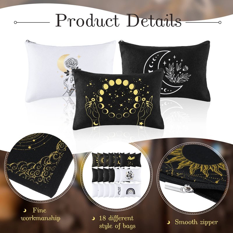 Patelai 18 Pieces Moon Witch Zipper Pouch Bag Tarot Cards Phase Bag Witch Purse Gothic Aesthetic Canvas Makeup Bags Witchy Crystals Toiletry Bags Witchcraft Snake Cosmetic Bags for Women Girls