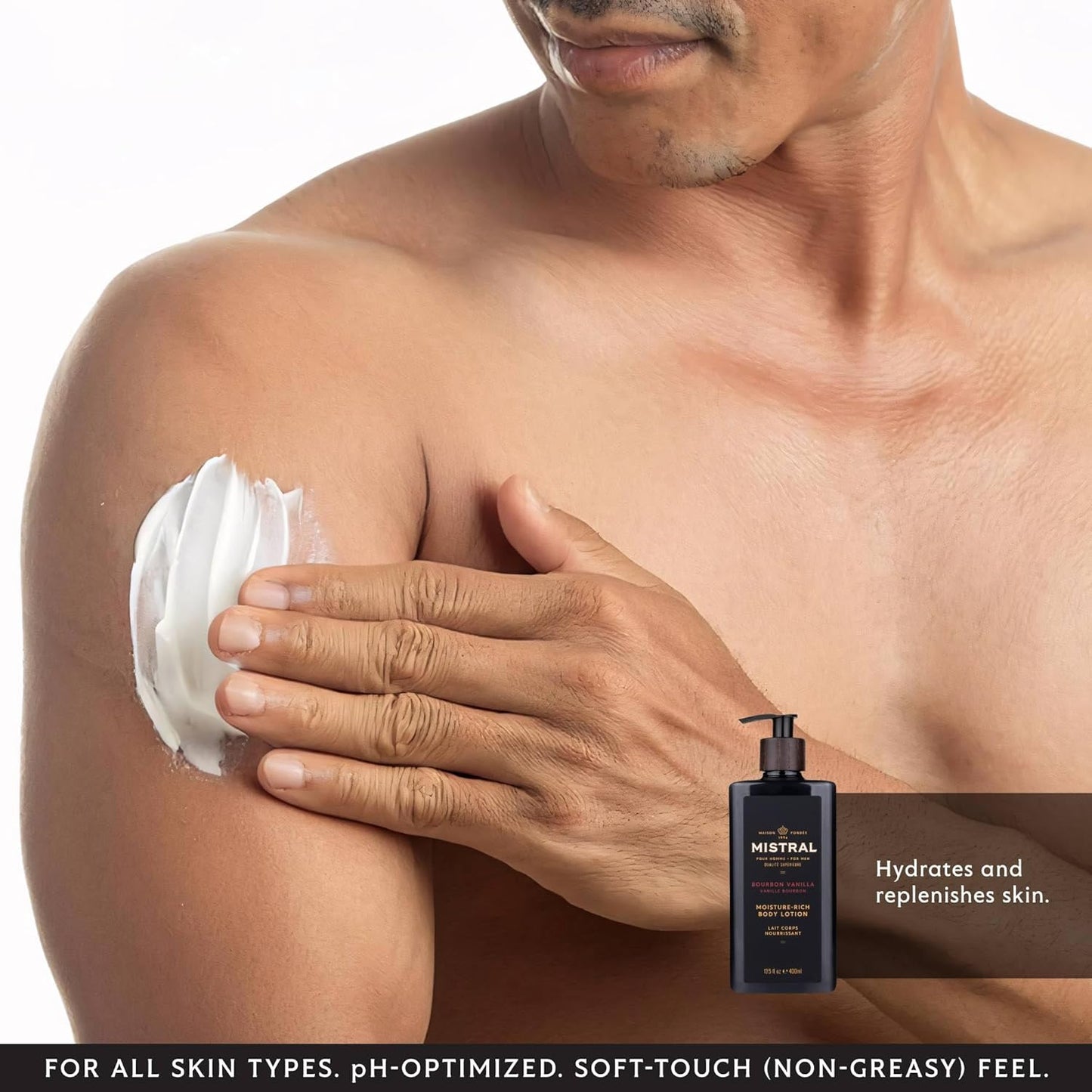 Mistral Bourbon Vanilla Body Lotion for Men - Fast-Absorbing Moisture-Rich Cream with Shea Oil & Squalane | 13.5 fl oz