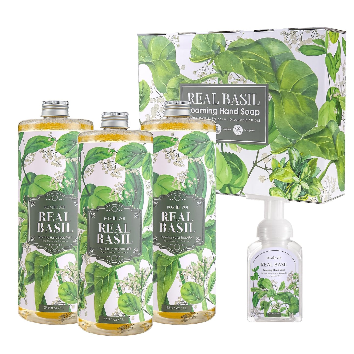 ROMIIE ZOI Foaming Hand Soap Refill Set, Basil,3 Pack,33.8 fl oz