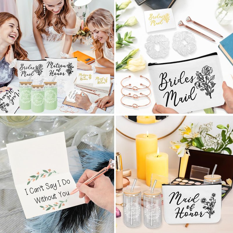 Nimbbex 36Pcs Bridesmaid Proposal Gifts,Maid of Honor Gifts Matron of Honor Gifts,include 16oz Glass Cups Makeup Bags Scrunchies Knot Bracelets Bridesmaid Cards Diamond Pens for Wedding