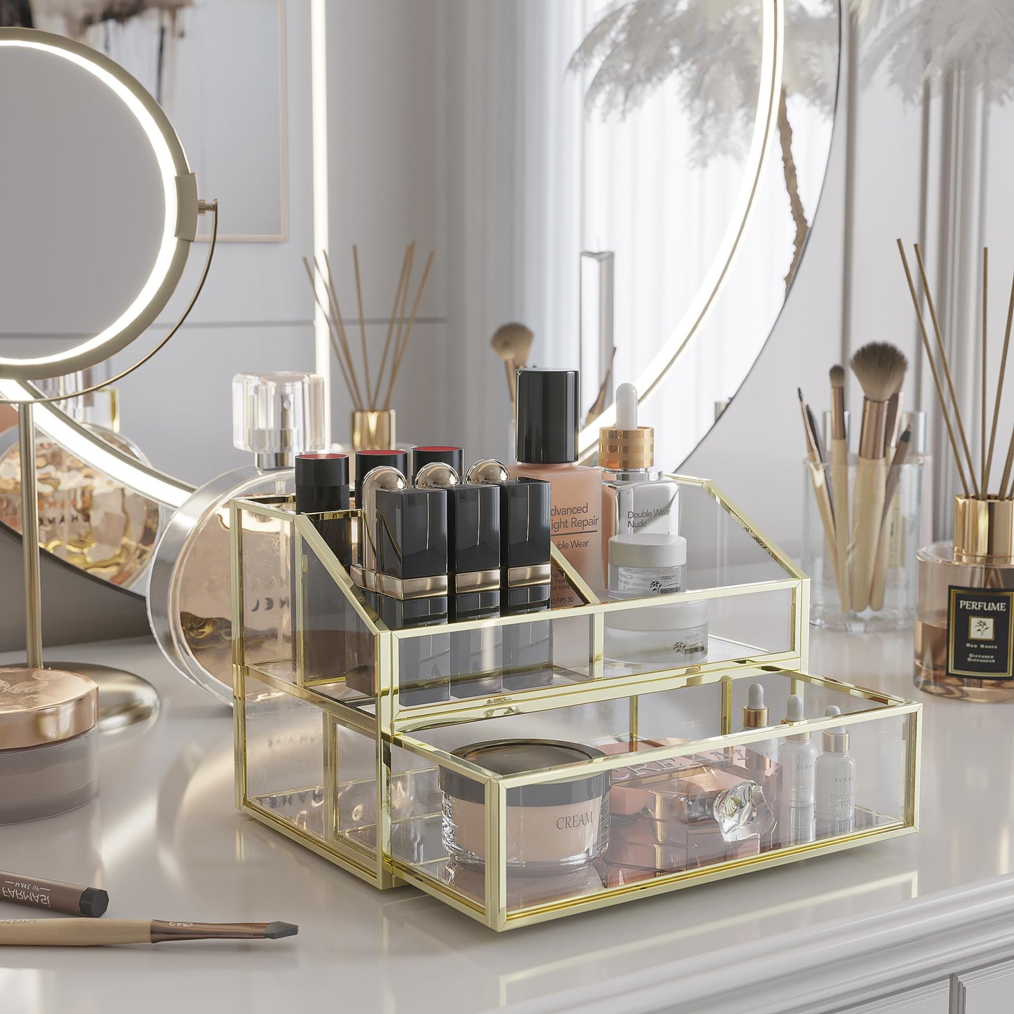 FSyueyun Makeup Organizer for Vanity, Clear Glass Drawer Organization and Storage Jewelry Display Case Gold Cosmetics Storage Lipstick Organizer Tray Perfumes for Bathroom Counter or Dresser