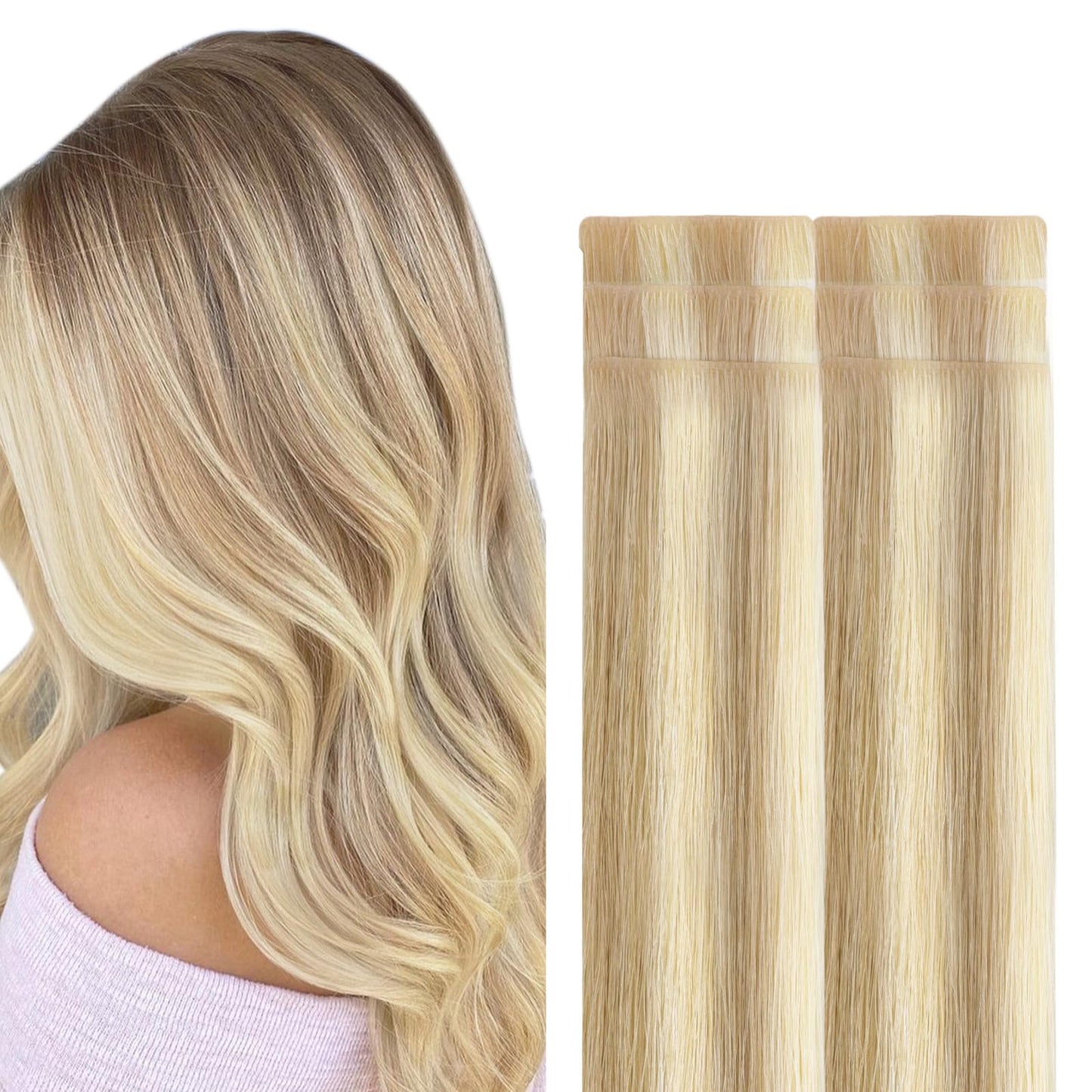 GOO GOO Invisi Edge Tape in Hair Extensions Human Hair, 18A/613A Dark Blonde Highlighted Bleach Blonde, 6pcs 20inch 18g, Virgin Remy Hair, Seamless Injected Tape, Natural Look