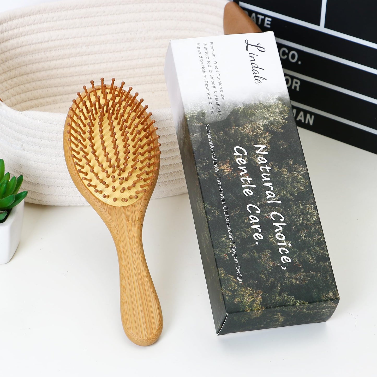 Lindale Wooden Hair Brush for Women Men, Natural Bamboo Detangler Paddle Hairbrush for Hair Growth Massaging Scalp, Reduces Static for Curly Hair with Ergonomic Handle Oval