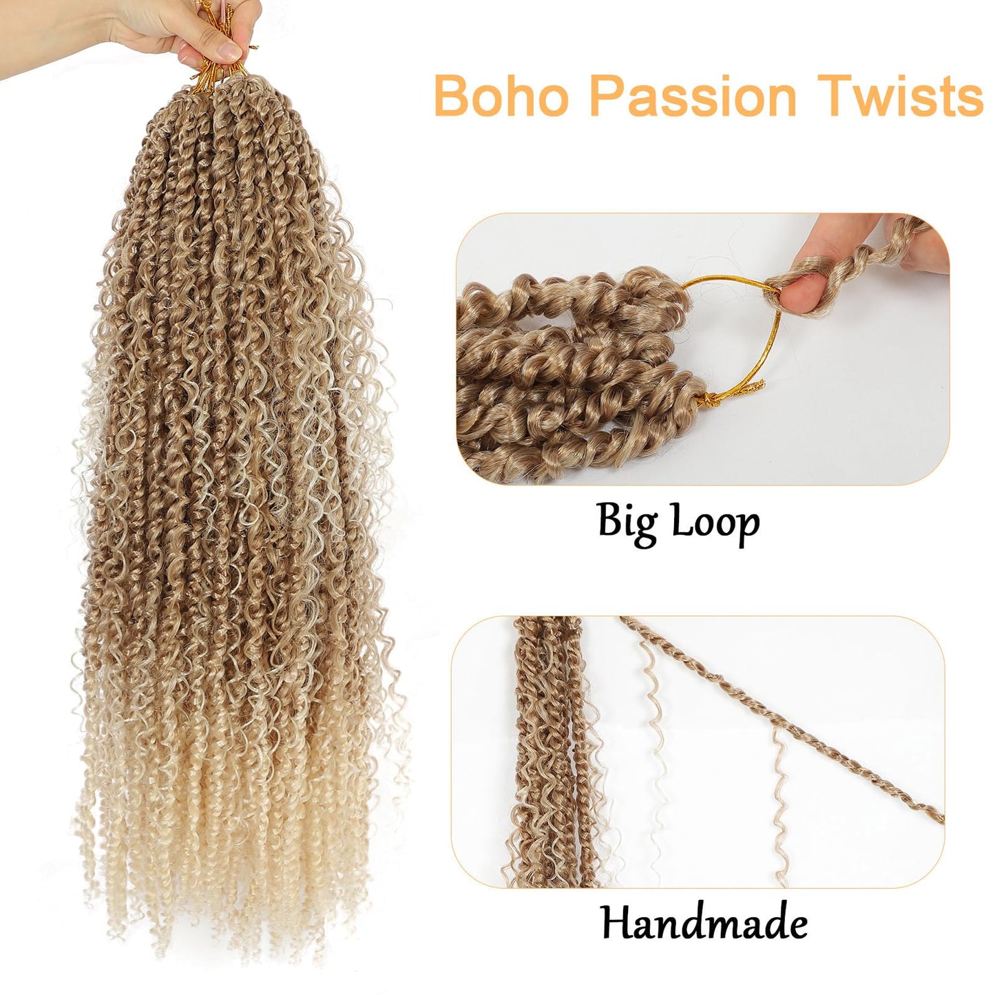 Boho Style Passion Twist Hair 22inch Long Pre-Twisted Crochet Goddess Passion Twist Hair 8Pack Pre Looped Curly Crochet Hair Bohemian Ombre Brown Blonde New Passion Twist Crochet Hair for WomenT27/613