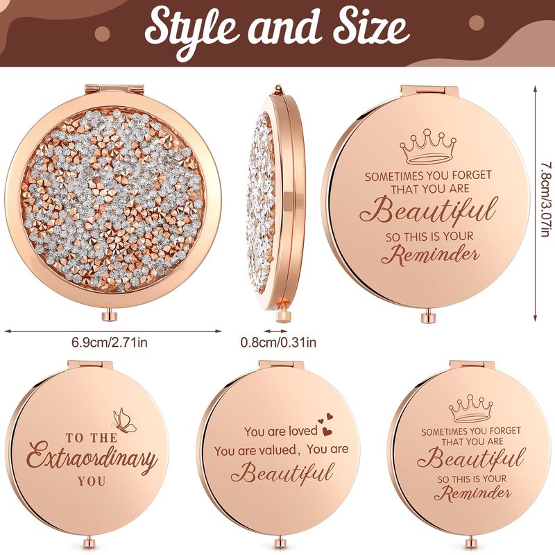 Roowest 16 Pack Metal Rhinestone Compact Mirror Bulk for Women Inspirational Rose Gold Magnifying Pocket Mirrors for Purses Wedding Bridal Shower Favors