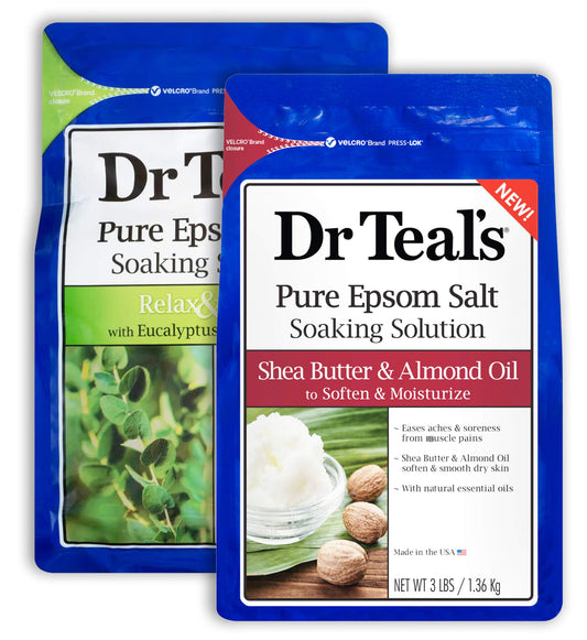 Dr. Teal's Epsom Salt Bath Variety Gift Set (2 Pack, 3lbs Ea) - Relax & Relief Eucalyptus & Spearmint, Soften & Moisturize Shea Butter & Almond Oil - Essential Oils Ease Aches & Pains, Relieves Stress