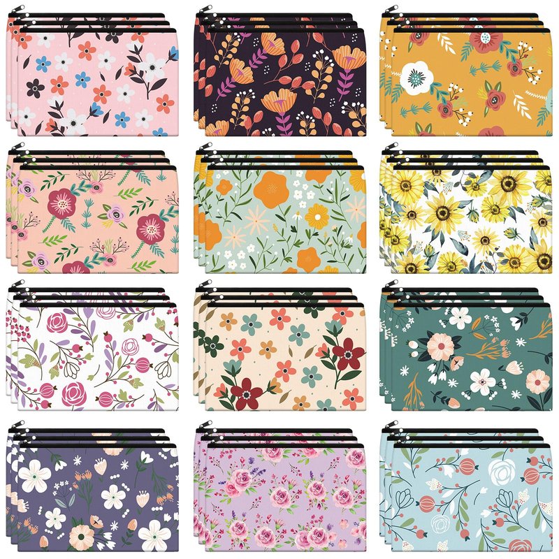Hillban 36 Pcs Floral Makeup Bags for Women Flower Cosmetic Bag Inspirational Pencil Case with Zipper Travel Organizer Pouch for Wedding Bachelorette Party Christmas Gifts, 12 Styles
