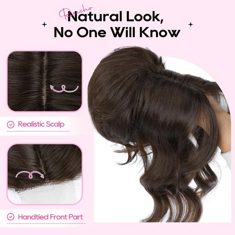 REECHO Messy Bun Hair Piece with Bangs – 2-in-1 Drawstring Ponytail Extension Updo Wig & Hair Topper with Long Side Bangs, Natural-Looking Hair Bun Hairpieces for Women - Black Brown