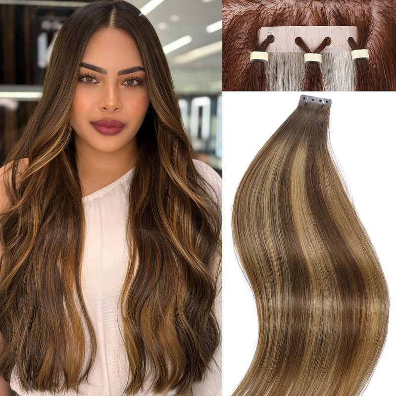 FANCEE OVO Hair Extensions Remy Human Hair PU Holes Wefts with Micro Beads Highlight Honey Blonde Volume Upgrade Butterfly Seamless Weft Invisible Beaded Hair Extension with Tools(40g 20Pcs, 16 Inch)