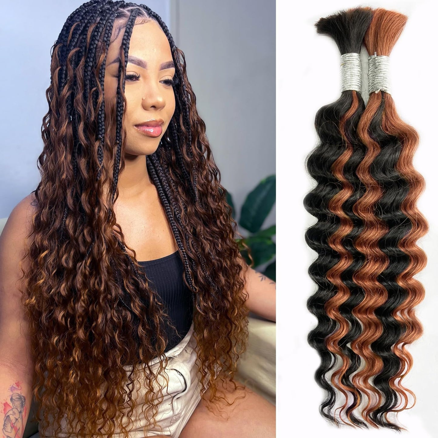 Human Braiding Hair - 16 Inch Deep Wave Bulk for Boho Braids | 1B/30 Black Mix Brown