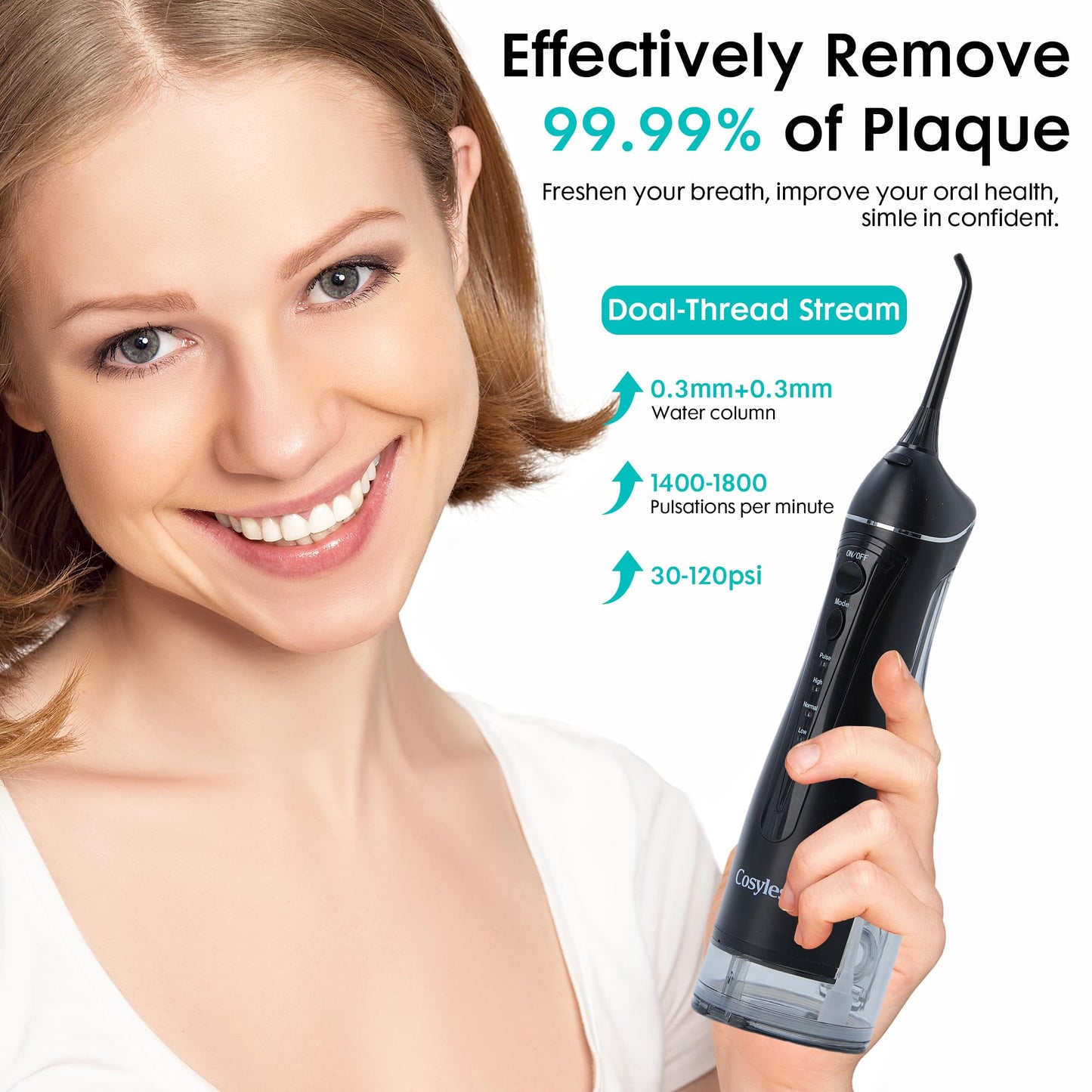 Cosyles Water Dental Flosser -Teeth Pick -With 9 Nozzels, 4 Modes, 300ML Tank - Oral Irrigator –IPX7 Waterproof Electric Water Flosser for Tonsil Stone, Teeth Cleaning, Travel-Friendly, Plaque Remove,