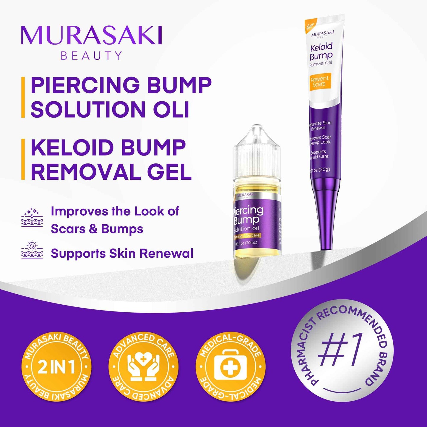 Piercing & Keloid Bump Solution Oil & Gel Kit, Piercing Aftercare Treatment Piercing Bump Solution Aftercare Oil (30 mL) + Keloid Bump Removal Gel (20 g) (2 Pack)