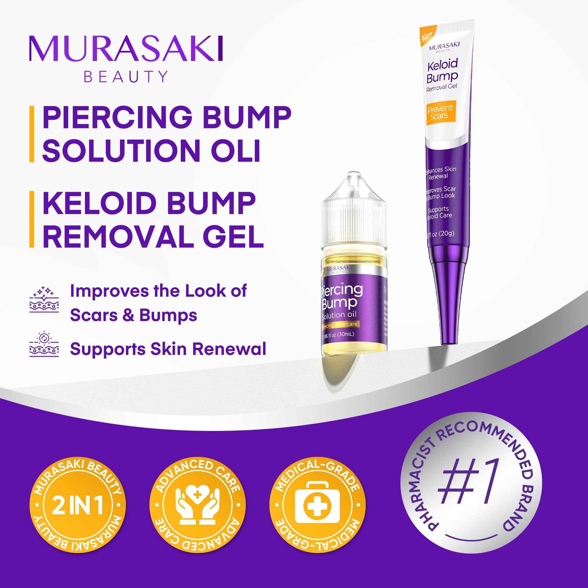 Piercing & Keloid Bump Solution Oil & Gel Kit, Piercing Aftercare Treatment Piercing Bump Solution Aftercare Oil (30 mL) + Keloid Bump Removal Gel (20 g) (2 Pack)