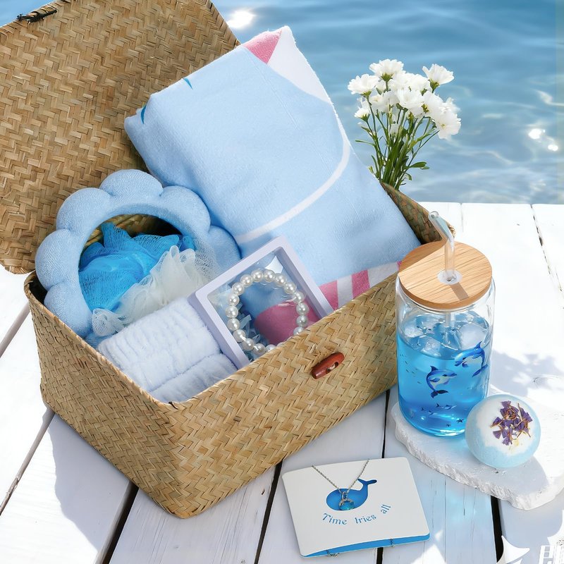 Golray Beach Gifts for Women, Self Care Spa Gift Set for Women with Beach Towel, Glass Cup, Bath Bombs & Hair Accessories, Christmas Blue Gift Basket for Her, Girlfriend, Sister, Mom, Friends