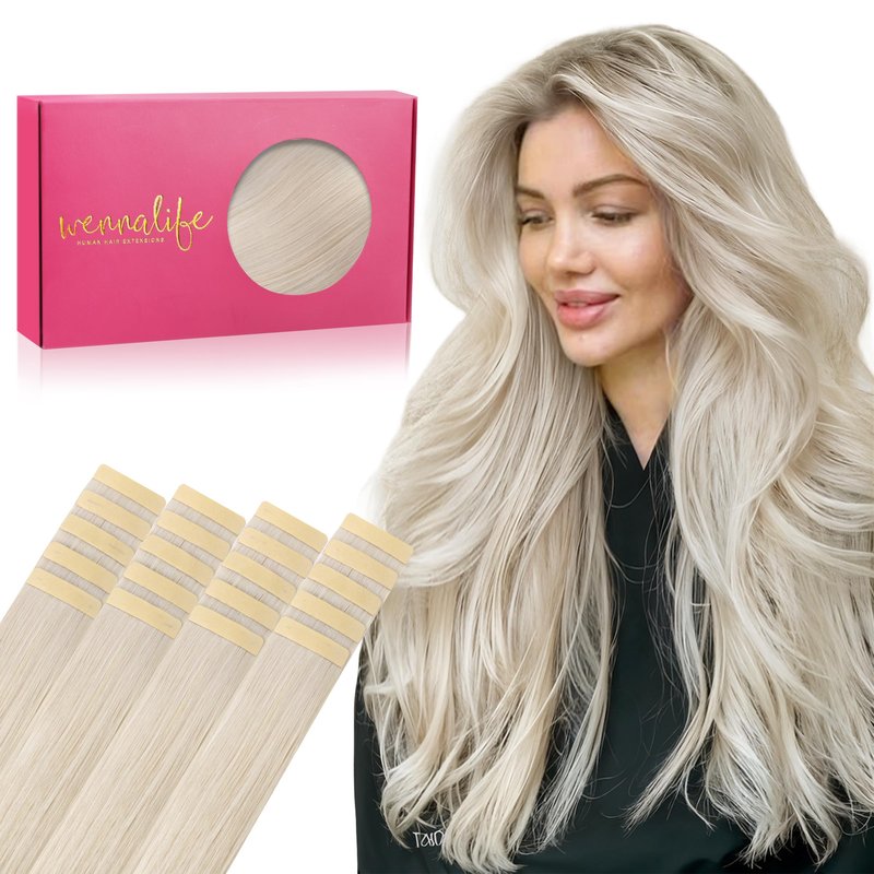 WENNALIFE Tape in Hair Extensions Human Hair, 20pcs 50g 18 inch Platinum Blonde Remy Hair Extensions Straight Human Hair Tape in Extensions Skin Weft Tape Extensions Human Hair
