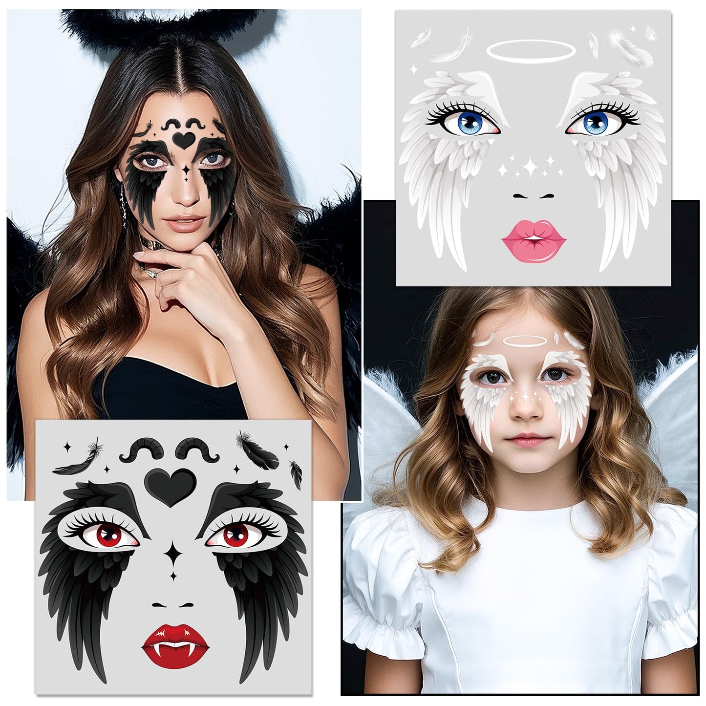 HOWAF Halloween Angel Face Tattoos, 2 Angel Wing Full Face Temporary Tattoos with 2 Sheets Jewels Tattoos Sticker for Hallows' Eve Costumes Accessories, Black and White Fallen Angels Tattoo Stickers