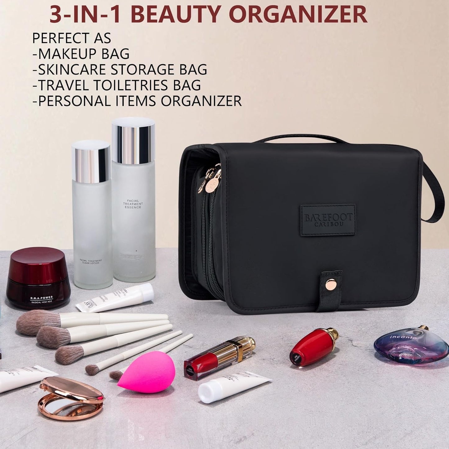 Travel Makeup Bag - Compact Portable Organizer for Cosmetics & Brushes | Large Capacity - Black