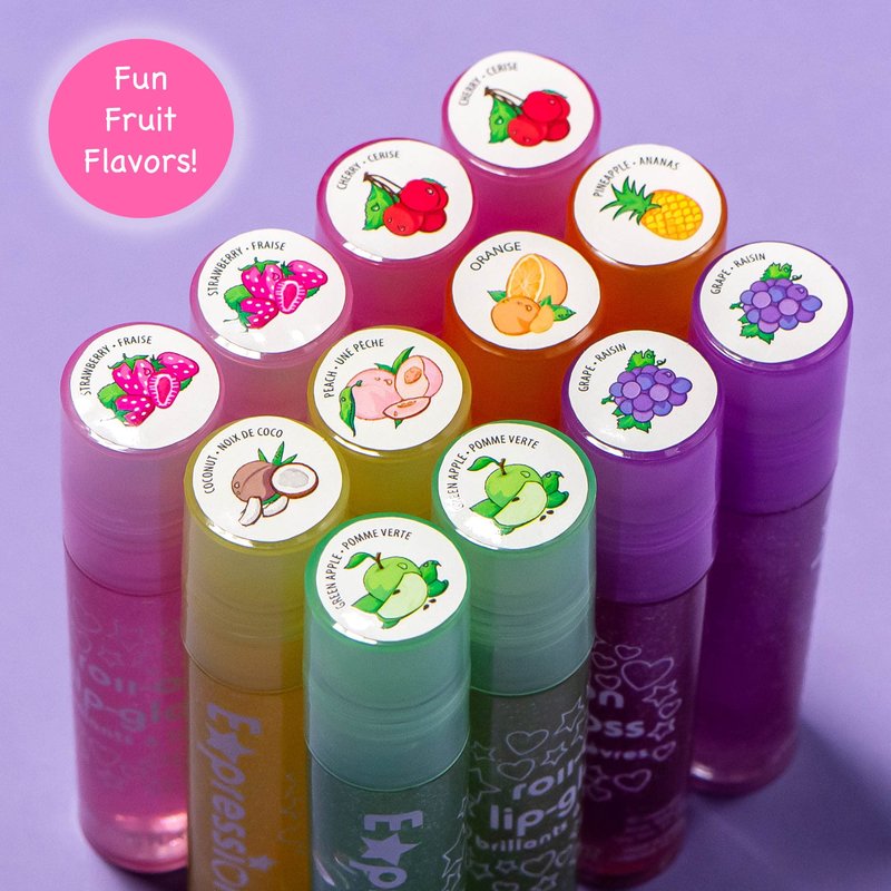 EXPRESSIONS 12pc Roll-On Lip Gloss Set with Marabou Handle & Carrying Case – Assorted Fruity Flavors | Non-Toxic Kid-Friendly Glossy Lip Makeup | Fun Gift Set for Kids & Teens – So Glam
