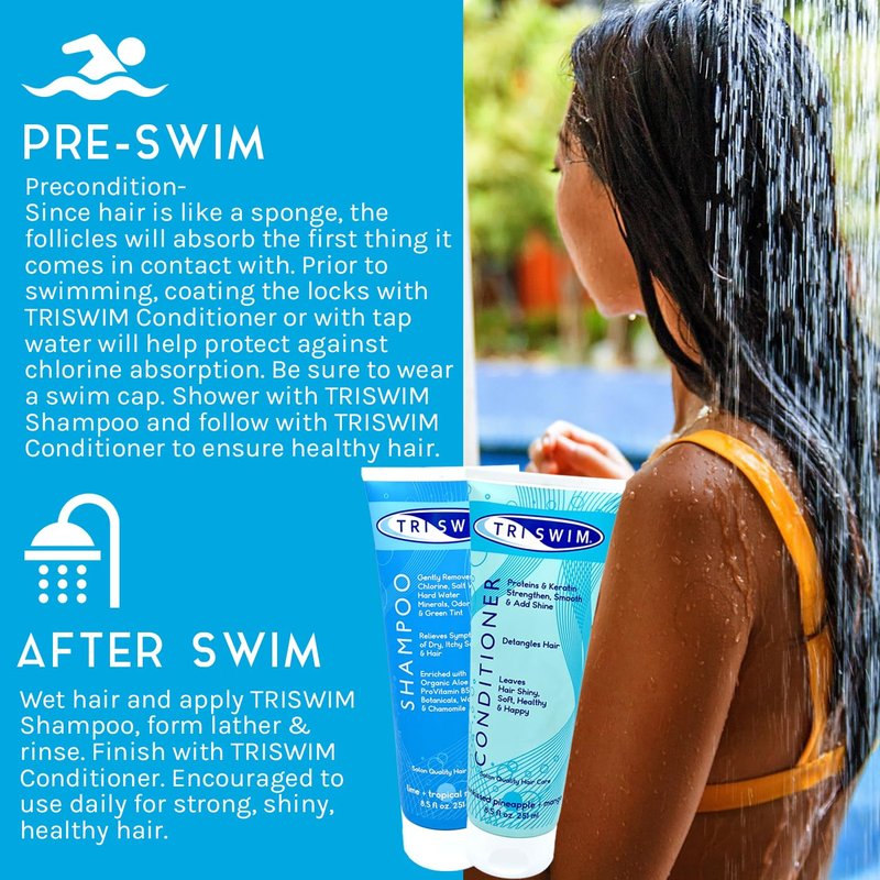 TRISWIM Chlorine Shampoo and Conditioner Set | Swim Shampoo and Conditioner for Swimmers, 8.5 fl oz Each | Paraben-Free with Aloe Vera & Keratin Removes Chlorine & Restores Damaged Hair