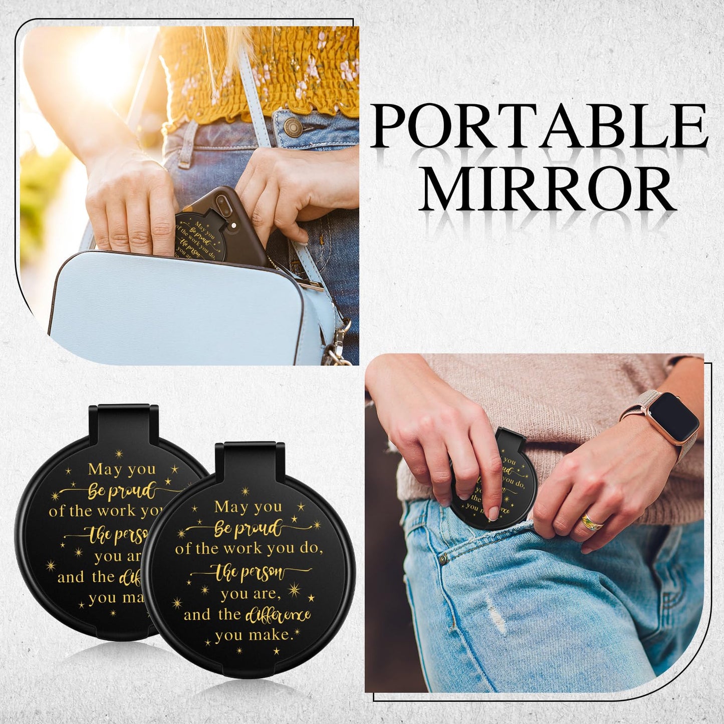 Huwena 100 Pcs Inspirational Compact Mirror Bulk Mini Gifts Women Round Purse Pocket Mirror, Mothers Day Employee Appreciation Gifts, Wedding Party Favors for Guests(Black,Proud)