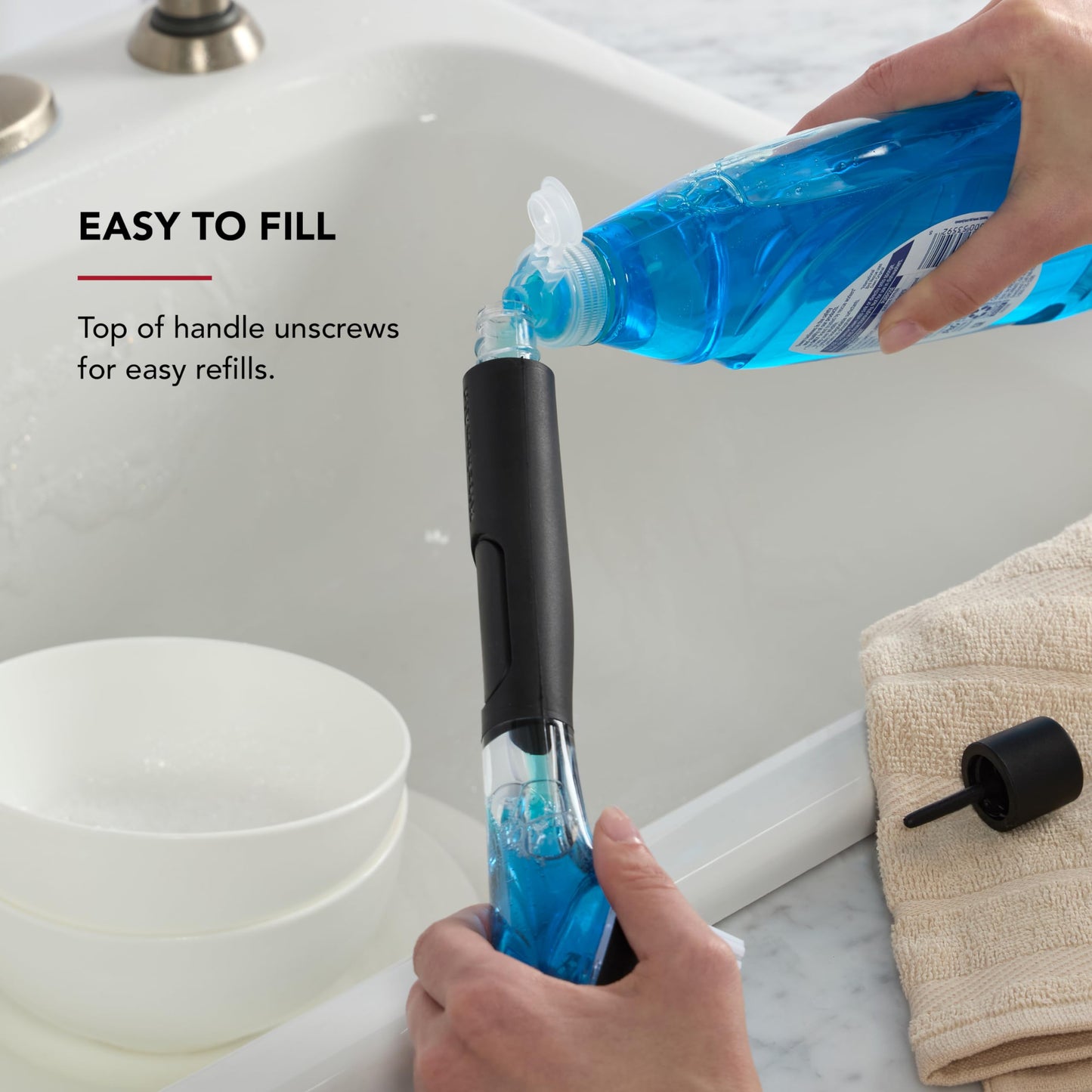 KitchenAid Soap Dispensing Sink Brush with Easy to Fill Handle, Nylon Bristles for Tough Cleaning, Comfort Grip Handle for Non Slip Grip, Black