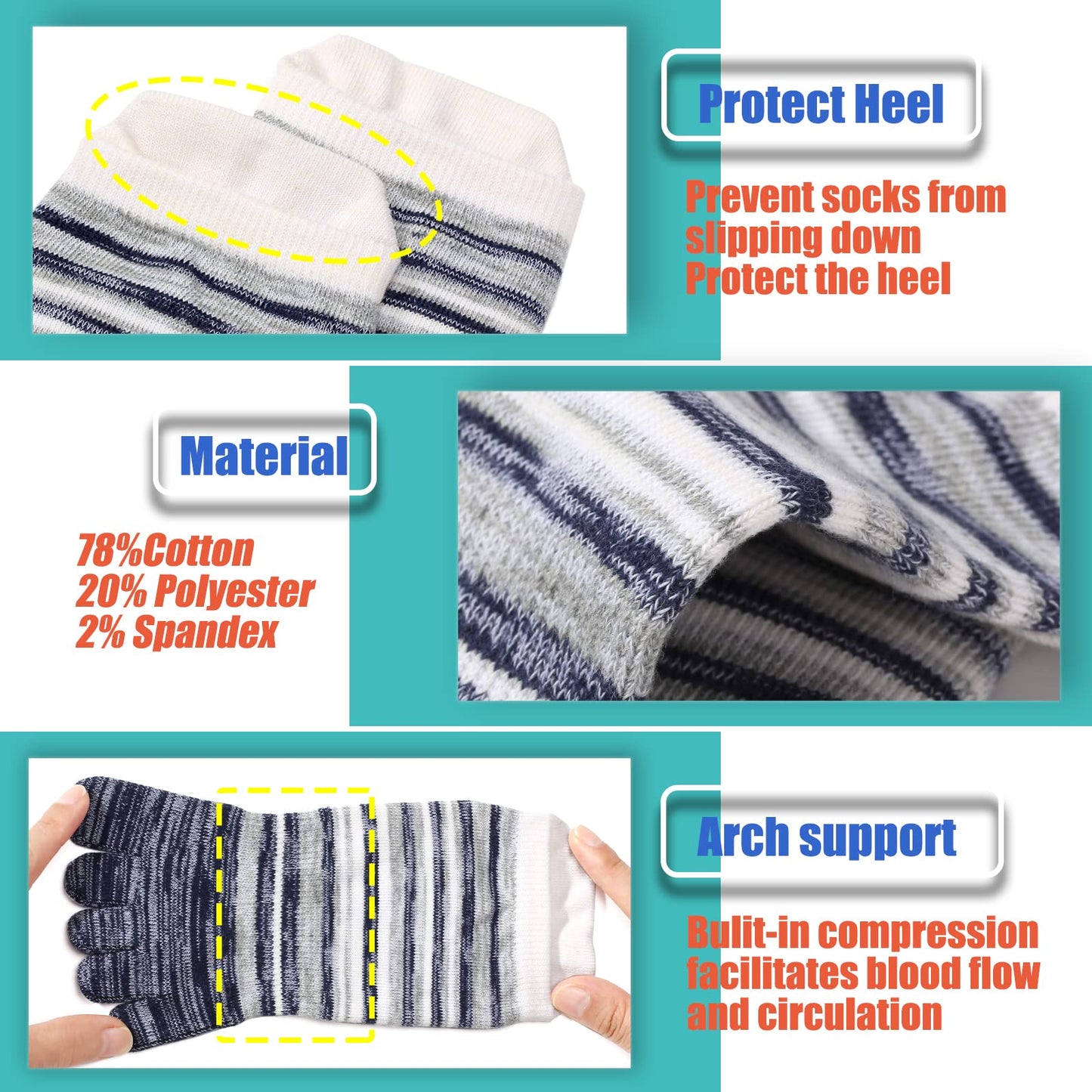 OrrinSports Toe Socks for Men Women Striped Running Socks Cotton Ankle Five Finger Socks 6 Pairs