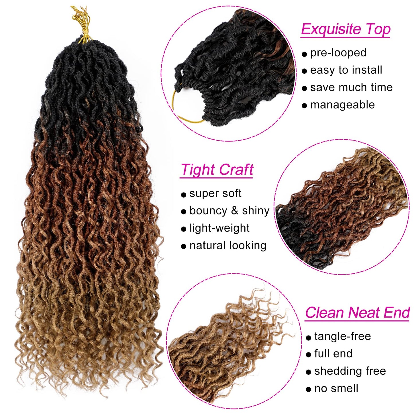 Goddess Locs Crochet Hair 18 Inch 7 Packs Ombre Brown Boho Faux Locs Crochet Hair for Black Women Pre Looped Crochet Locs with Curly Ends (1B/30/27)