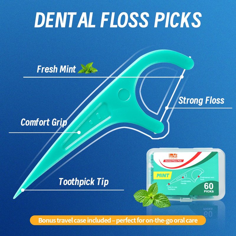 LAOYE Floss Picks, 300 Count Mint Dental Floss Picks, Toothpicks with 5 Travel Cases for Extra Convenience, Helps Prevent Cavities, Remove Plaque & Freshen Breath, Premium Floss Sticks for Family