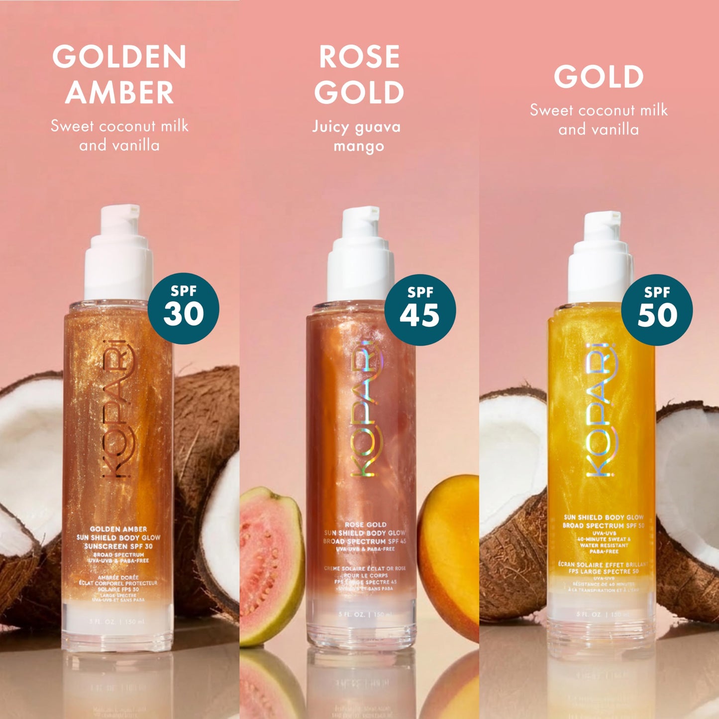 Kopari Sun Shield Body Glow, Broad Spectrum SPF 45, Lightweight Shimmering Gel Texture Absorbs Quickly, Non Sticky, Glowing Results, Rose Gold 5 oz