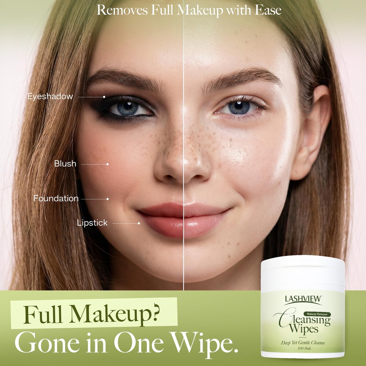 LASHVIEW Makeup Wipes Remover Gentle Eye Makeup Remover Pads Micellar Water Cleansing Wipes, Biodegradable & Oil-Free for Face, Eyes, Sensitive Skin with Applicator, 100ct