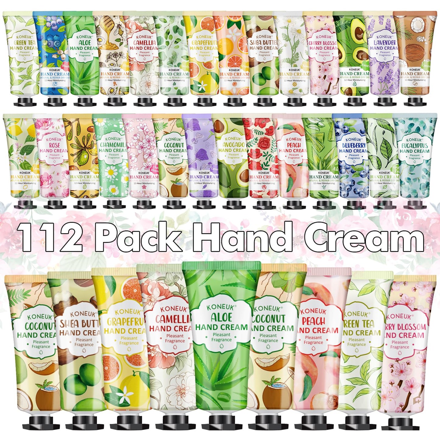 KONEUK 112 Pack Moisturizing Hand Cream Set, Bulk Gifts for Women, Hand Lotion Travel Size for Dry Cracked Hands, Mini Hand Cream for Teacher Appreciation Gifts, Graduation Gifts, Birthday Gifts