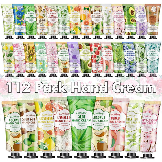 KONEUK 112 Pack Moisturizing Hand Cream Set, Bulk Gifts for Women, Hand Lotion Travel Size for Dry Cracked Hands, Mini Hand Cream for Teacher Appreciation Gifts, Graduation Gifts, Birthday Gifts