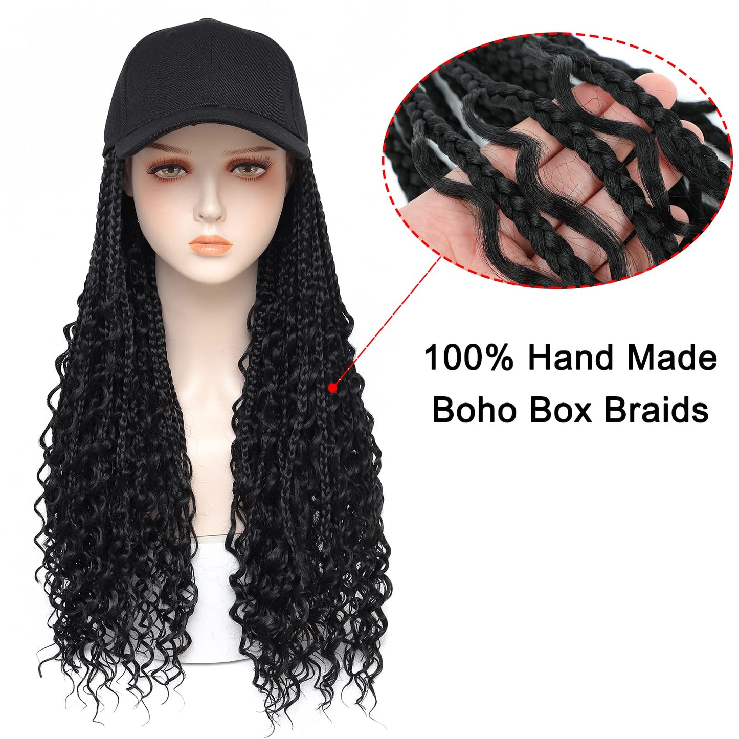 GUOJIAN Goddess Box Braiding Baseball Cap Wig, Black Bohemian Curly Ends Box Braids Hat with Braided Hair Extensions for Black White Women, Synthetic Braids Hat Wig with Hair Attached