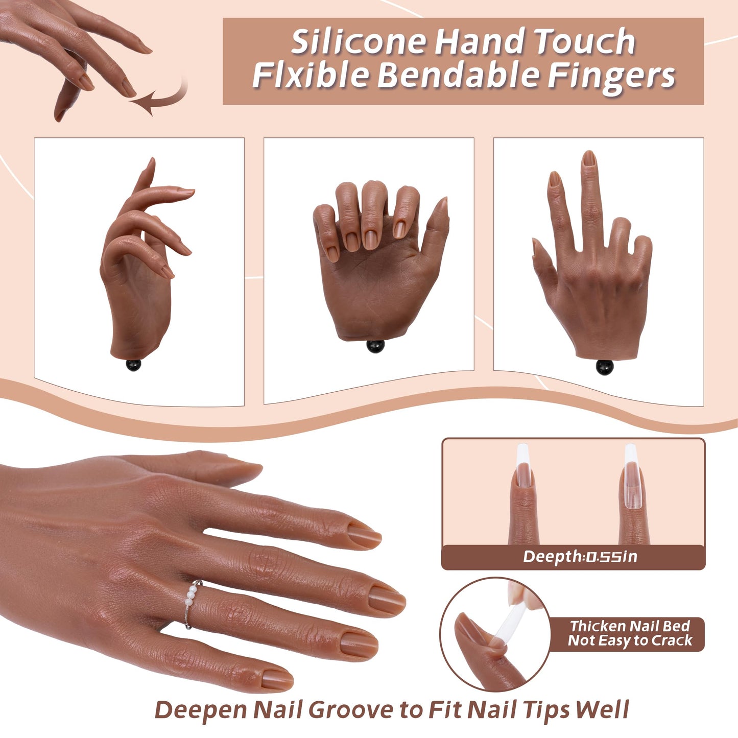 Veikmv Practice Hand for Acrylic Nails,Realistic Silicone Mannequin with Flexible Adjustable Fingers for Acrylic Nails,Gel Polish Training,Professional Nail Art Beginner Kit