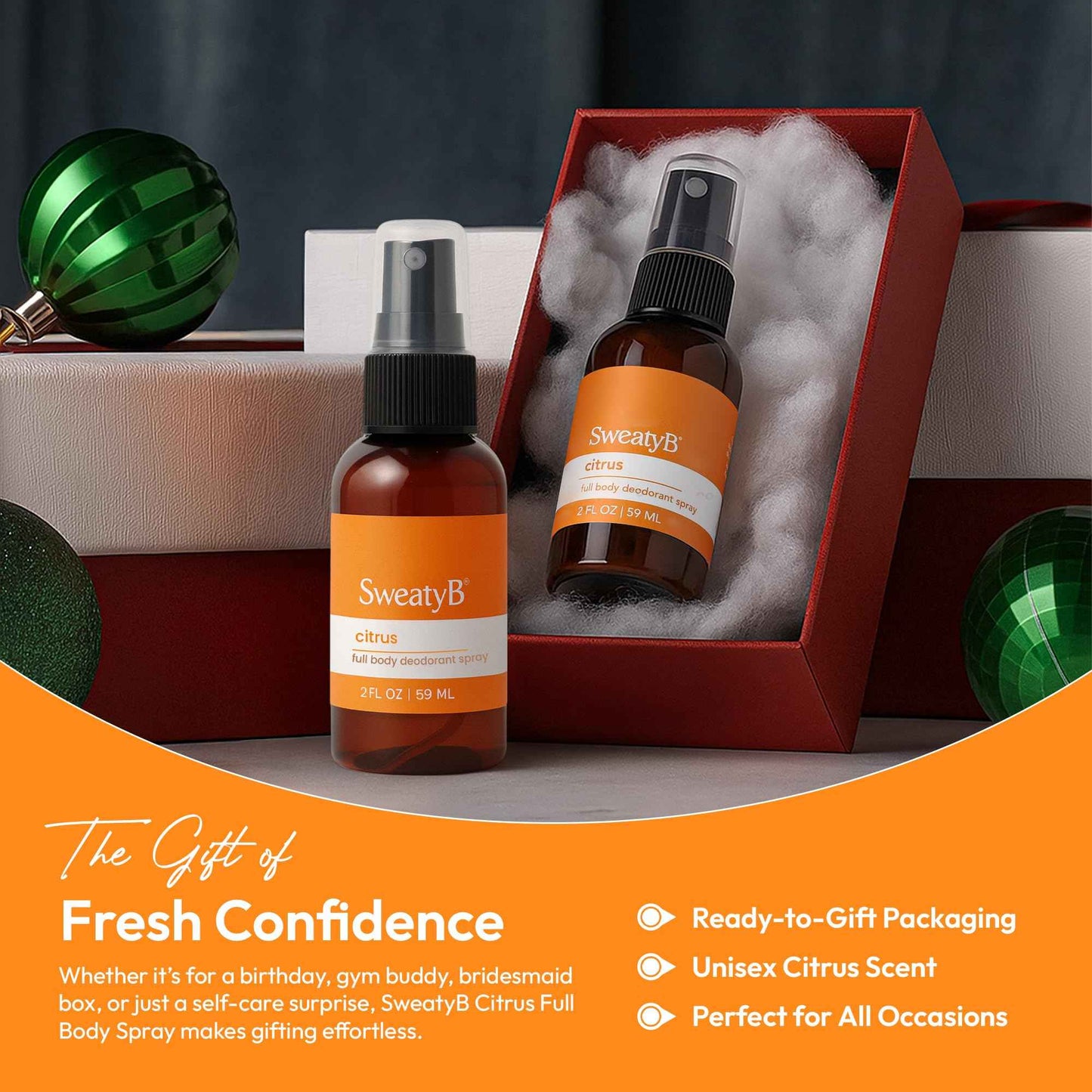 SweatyB® deodorant spray - Odor Protection with whole body deodorant for women & men - Travel Size, Skin-Safe, Vegan & Made in USA - Citrus body spray - 2 Oz