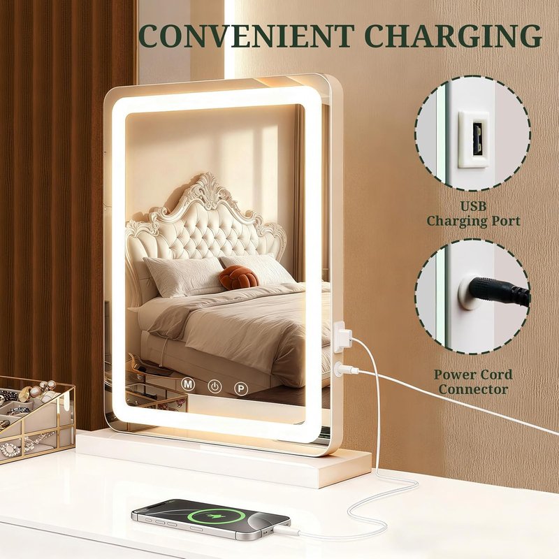 LED Makeup Mirror with Lights - 3-Color Dimmable Lighting, Smart Touch Control | Tabletop Vanity Mirror for Bedroom & Dressing Room