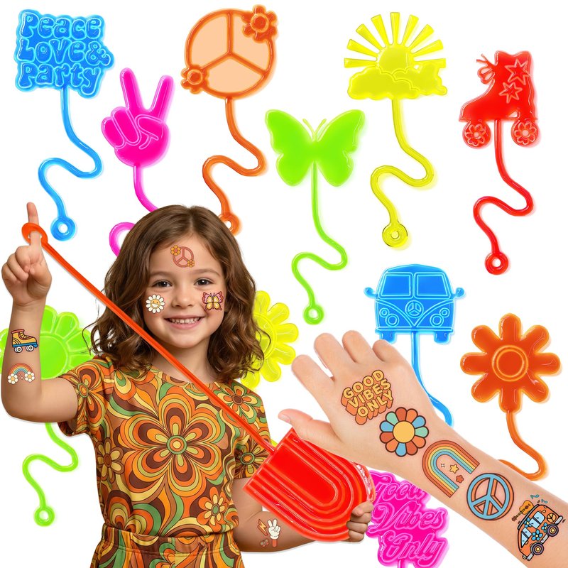 48PCS Groovy Party Favors - 24PCS Groovy Temporary Tattoos & 24PCS Groovy Stick Hands - Perfect Birthday Favors, Goodie Bag Stuffers, Treasure Box Toys, Classroom Prizes, and Student Gifts