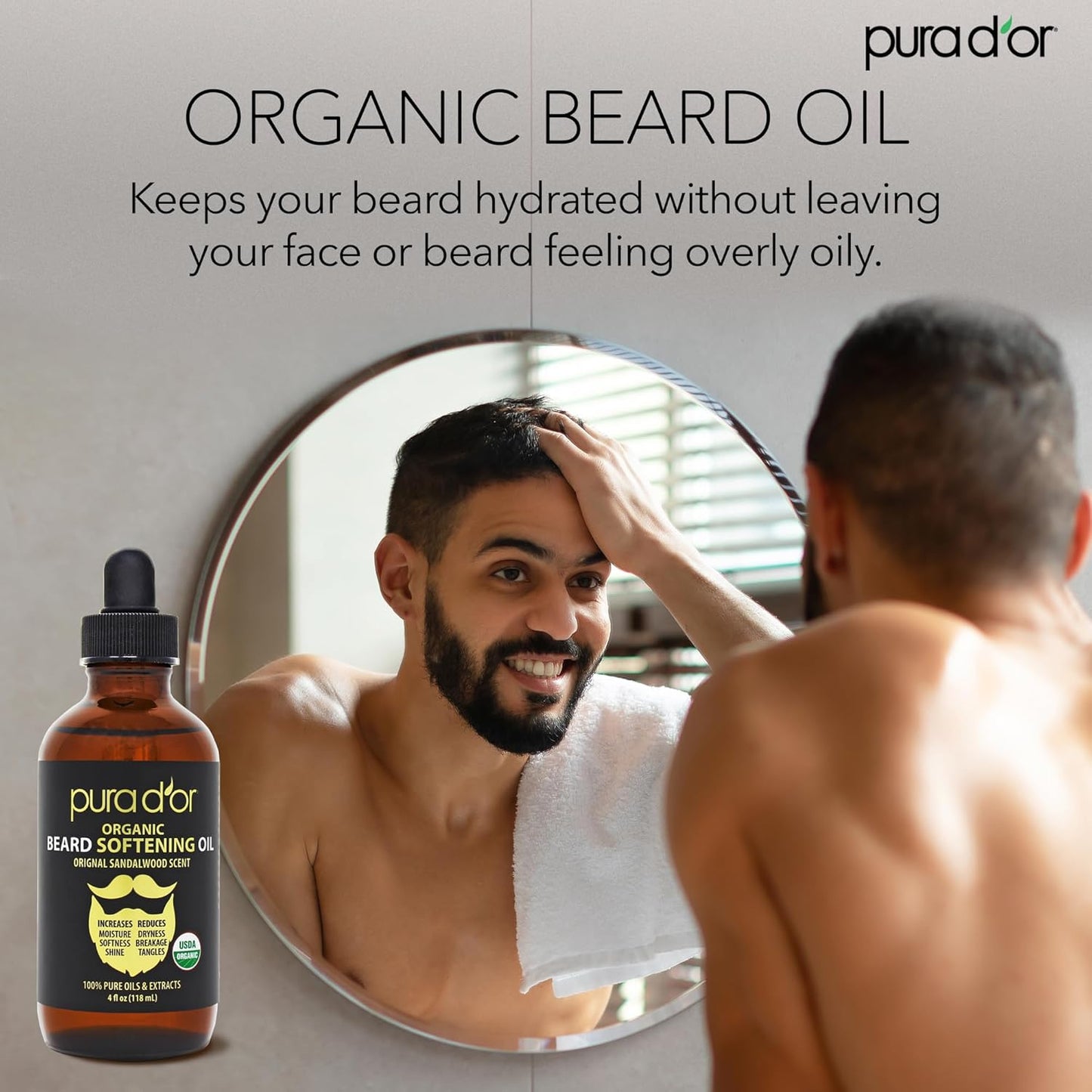 PURA D'OR Organic Beard Softening Oil - Sandalwood Scent | Argan & Jojoba Oil for Softness & Strength - 4 Oz