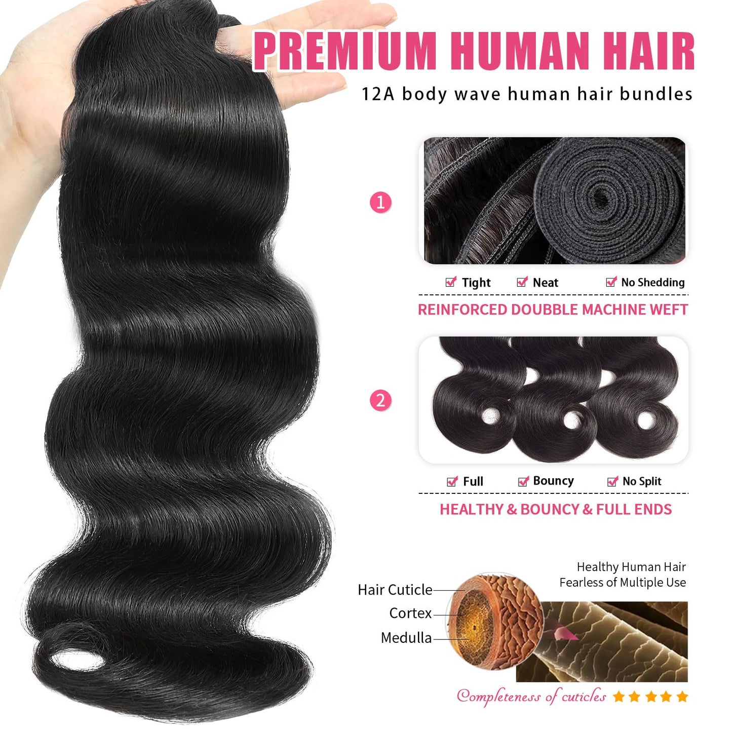 Human Hair Bundles 18 Inch Body Wave Bundles Human Hair 100% Unprocessed 12A Brazilian Raw Virgin Hair Single One Bundle Real Human Hair Extensions Natural Color