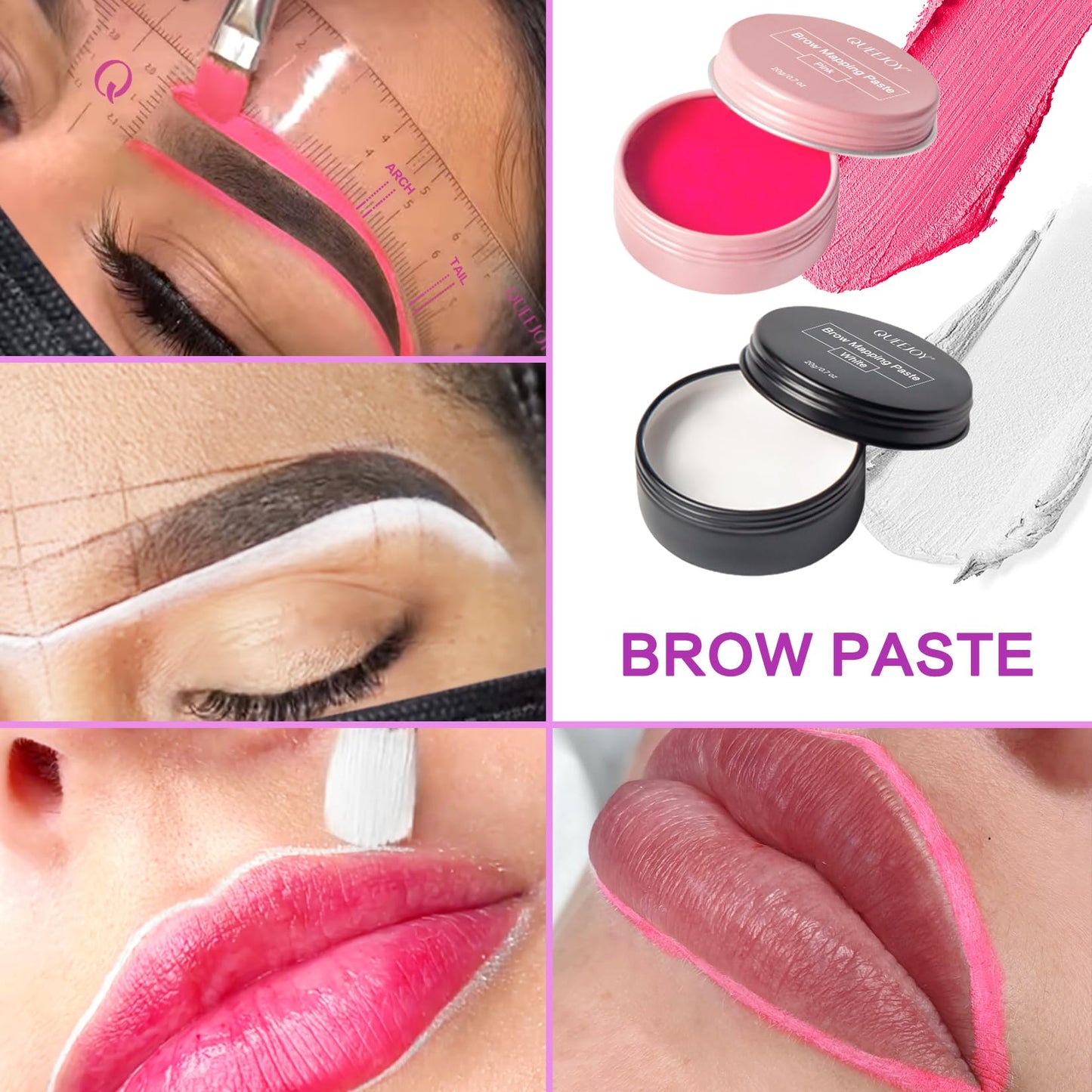 QUEEJOY Eyebrow Mapping Kit with 10M X2 Colors Brow Mapping String,50pcs Ruler Stencils, 20g White and Pink Brow Paste, 2 Brow Brushes Set, Eyebrow Mapping Pencil,Sharpener, Razor and Instructions